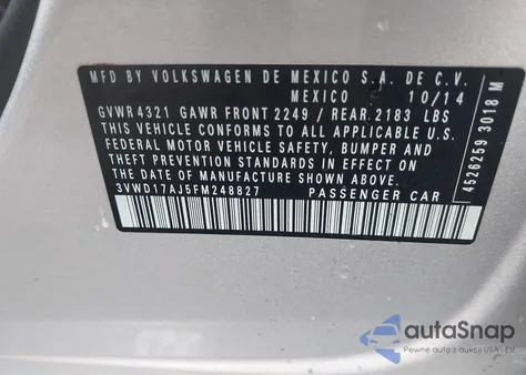 2015 Volkswagen Jetta 1.8T Se z USA, uszkodzony, nr VIN 3VWD17AJ5FM248827